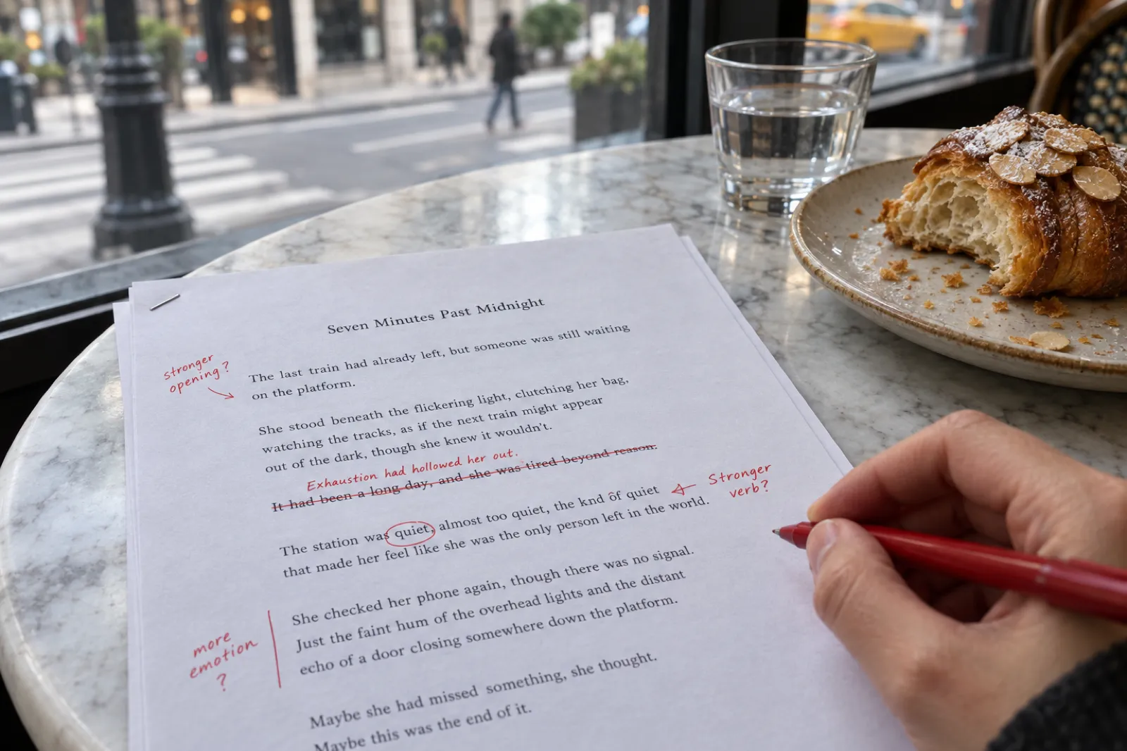 On a round marble café table by a street window, a stapled printout of a short story titled Seven Minutes Past Midnight, beginning The last train had already left, but someone was still waiting on the platform, covered in red pen notes including stronger opening?, a crossed-out sentence rewritten above it and a circled word marked stronger verb?, with a hand holding a red pen, a glass of water and a half-eaten almond croissant.