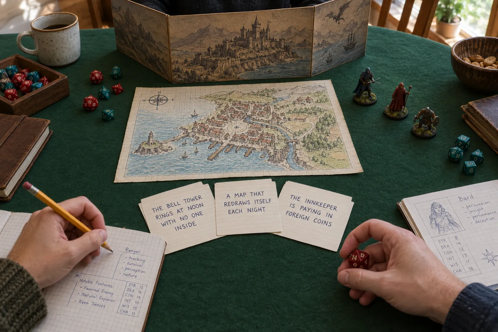 Overhead view of a tabletop role-playing session on a green felt table: a painted game master's screen showing a castle and ships, a hand-drawn map of a coastal town, red and teal dice, three painted miniatures, and three index cards reading The bell tower rings at noon with no one inside, A map that redraws itself each night, and The innkeeper is paying in foreign coins, while one player writes in a ranger character notebook and another holds a red die.