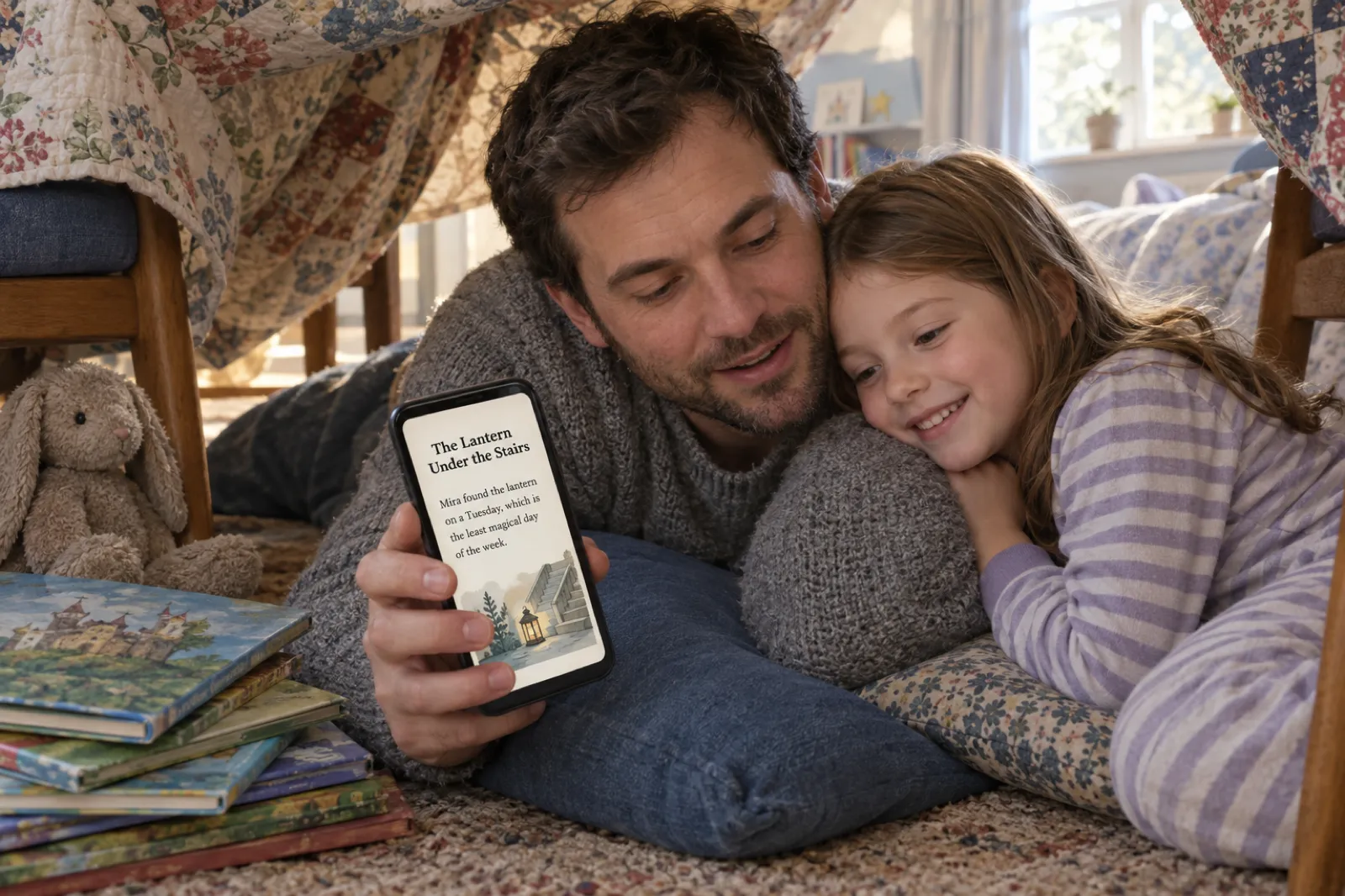 Inside a blanket fort made from a floral quilt draped over two chairs, a father in a grey knit jumper lies on floor cushions reading aloud from a phone while his daughter in striped pyjamas rests her head on his shoulder, smiling; the phone shows a story titled The Lantern Under the Stairs beginning Mira found the lantern on a Tuesday, which is the least magical day of the week, beside a stuffed rabbit and a stack of picture books.