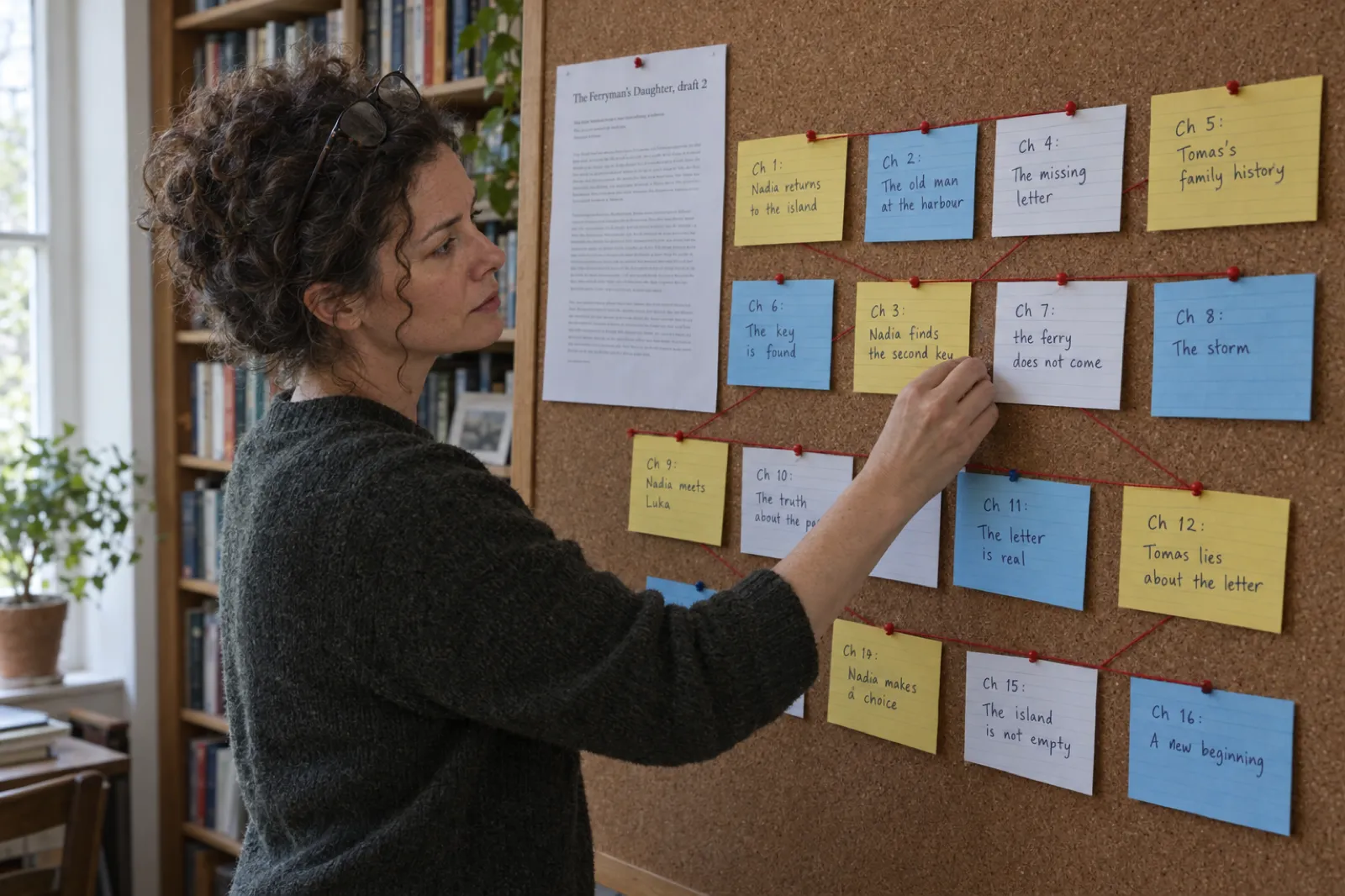 A novelist with curly dark hair and reading glasses pushed up on her head pins an index card to a cork wall of about thirty yellow, blue and white cards joined by red string, with cards such as Ch 3: Nadia finds the second key, Ch 7: the ferry does not come and Ch 12: Tomas lies about the letter, and a printed page titled The Ferryman's Daughter, draft 2 pinned at the top.