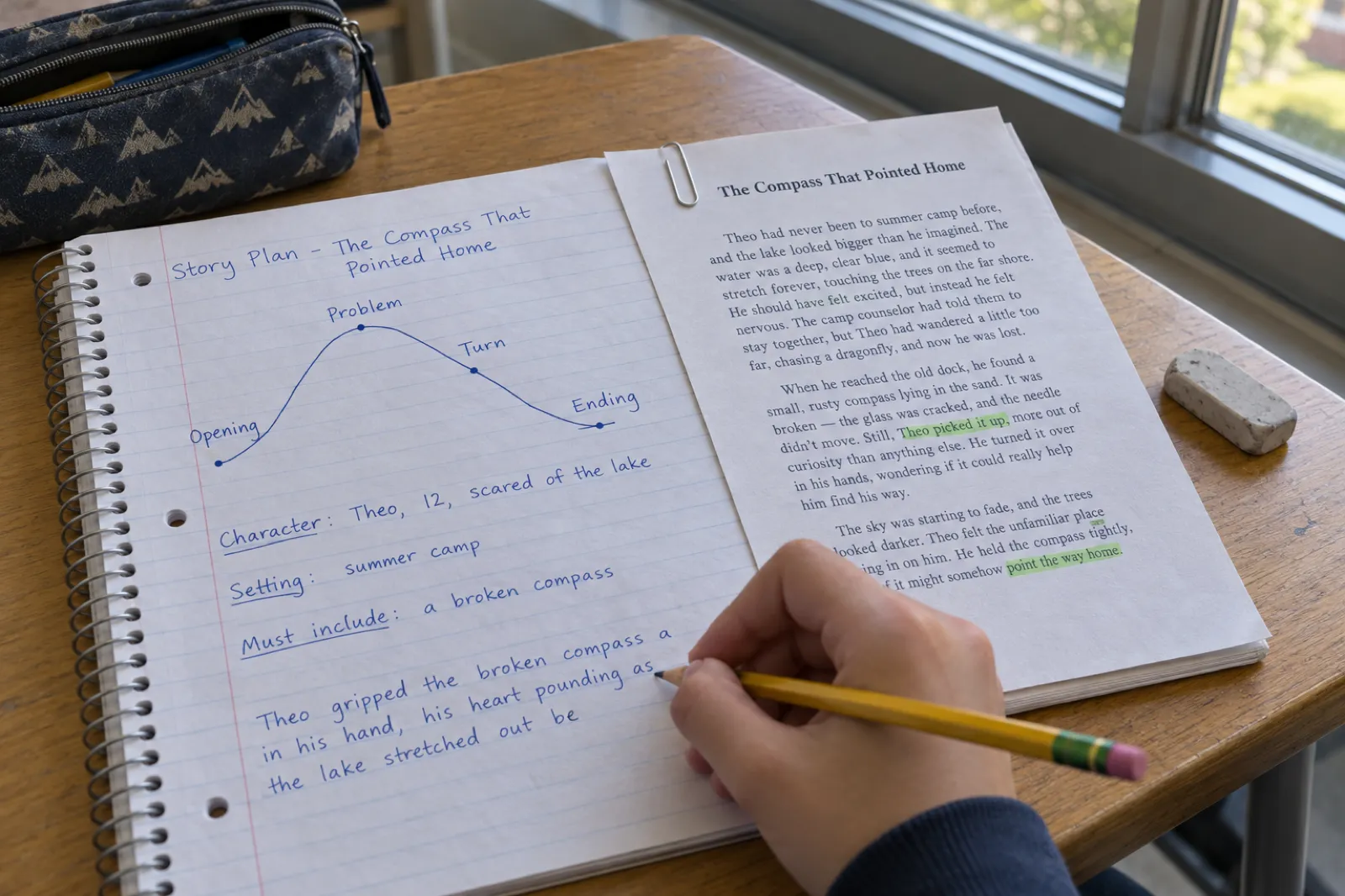 At a school desk by a window, a student's spiral notebook holds a handwritten story plan titled The Compass That Pointed Home, with an arc drawn as a hill labelled Opening, Problem, Turn and Ending, notes reading Character: Theo, 12, scared of the lake, Setting: summer camp and Must include: a broken compass, and a printed story page clipped beside it with green highlights while a hand holds a yellow pencil.