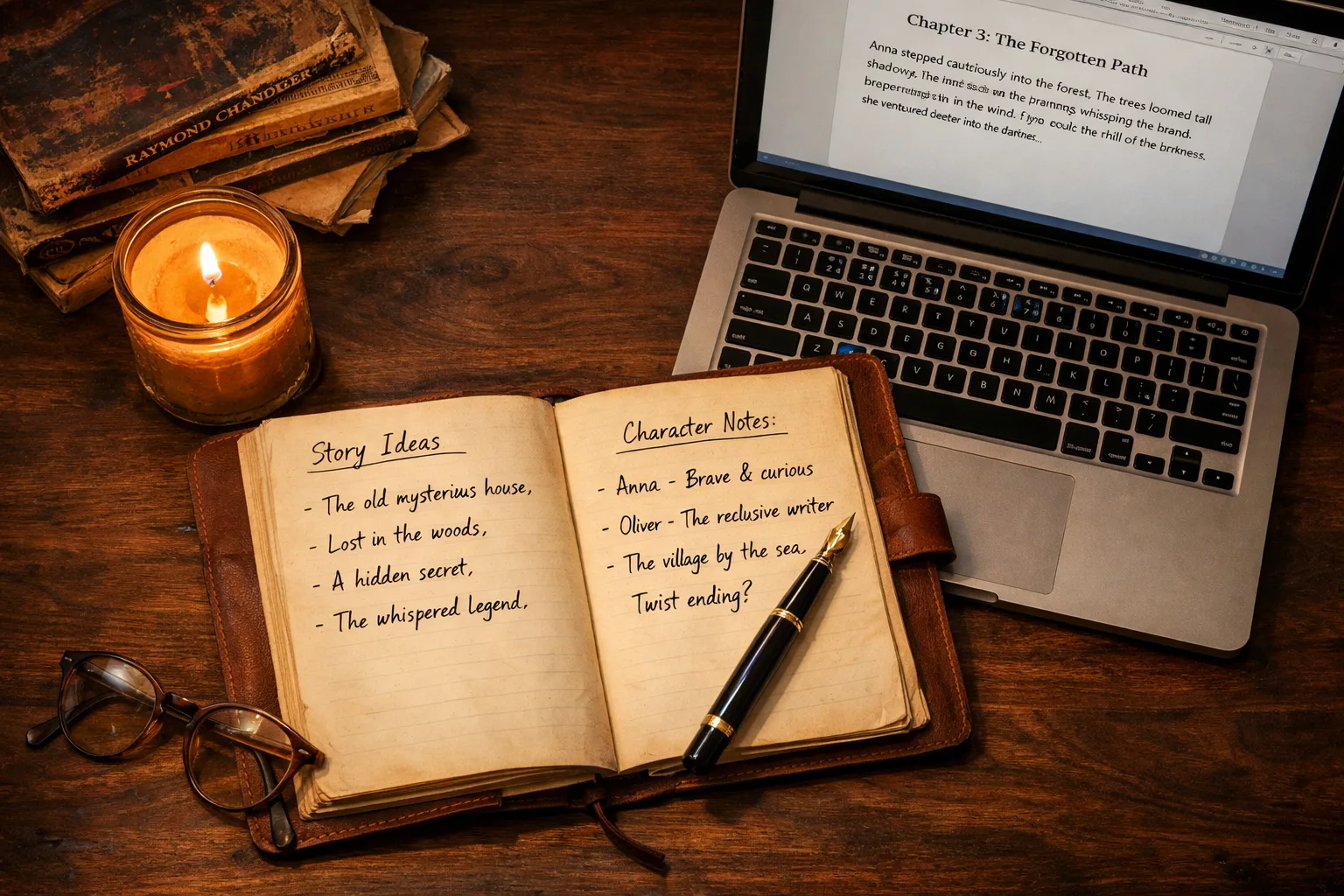 Atmospheric story writing desk with a leather journal showing story ideas and character notes, a laptop with a chapter draft, candle, and vintage books