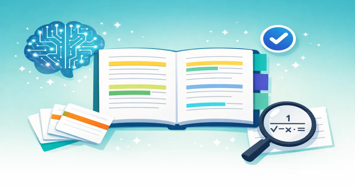 AI study guide generator showing an open textbook with highlighted sections, flashcards, and an AI brain icon