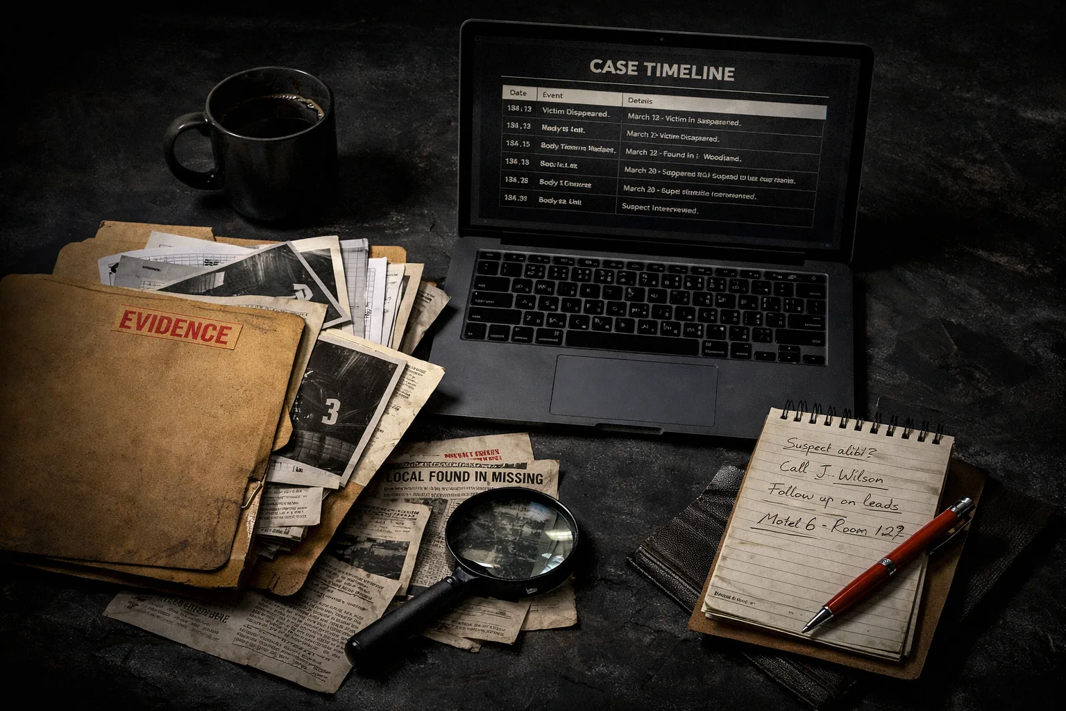 True crime investigation desk with evidence folders, case timeline on a laptop screen, newspaper clippings, magnifying glass, and handwritten suspect notes