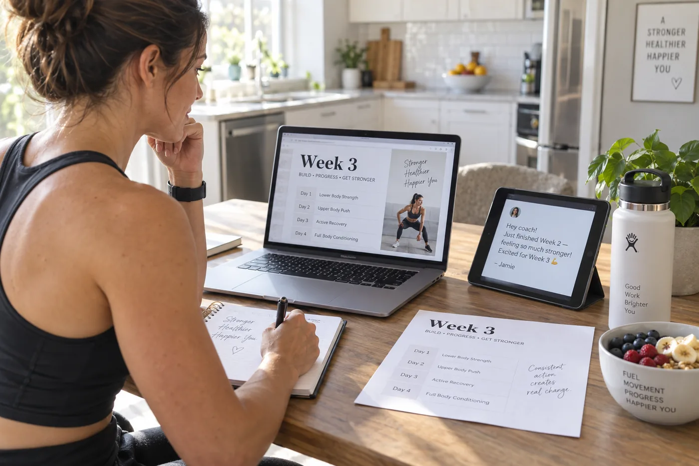 A fitness coach at a kitchen table with a laptop showing a workout plan ebook open at Week 3, a printed page of the same plan, a tablet with a client message, and a water bottle.