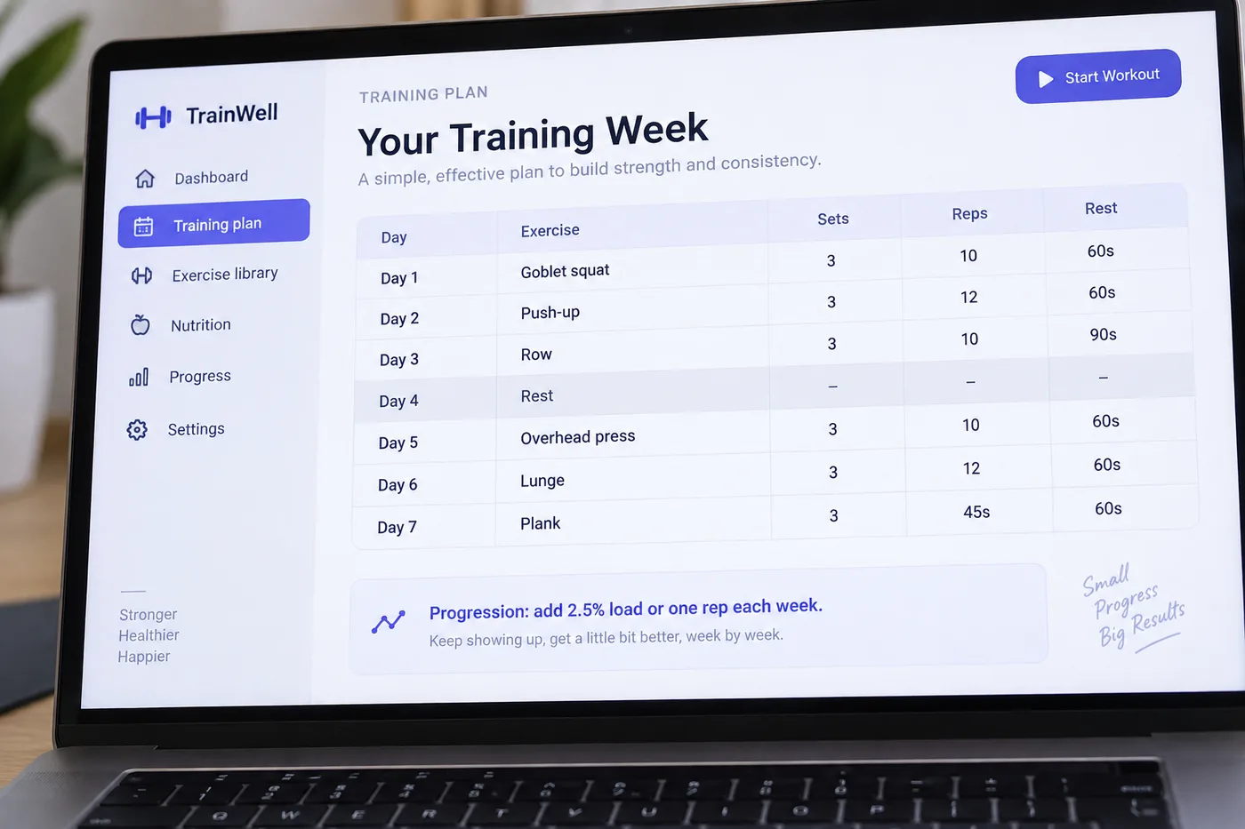 A laptop screen showing a Day 1 to Day 7 training week: exercise names, sets and reps, rest periods and a progression note, with an exercise library chapter listed in the sidebar.