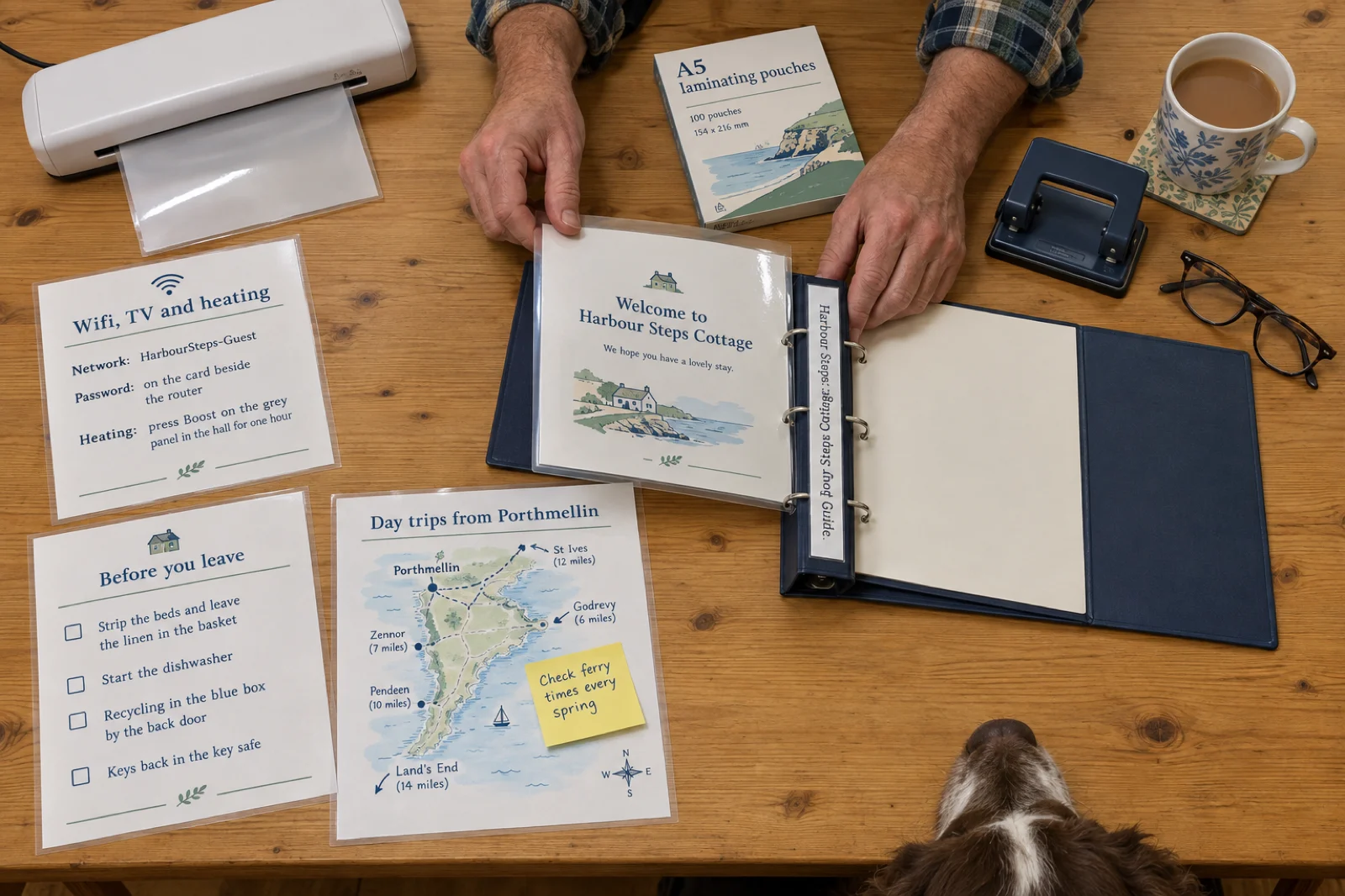 Overhead view of a pine dining table where a host's hands slide a laminated Welcome to Harbour Steps Cottage page into a navy four-ring binder labelled Harbour Steps Cottage: Guest Guide, beside laminated A5 pages headed Wifi, TV and heating with the network name and Password: on the card beside the router, Before you leave with tick boxes for linen, dishwasher, recycling and keys, and Day trips from Porthmellin with a hand-drawn map and a sticky note reading Check ferry times every spring, plus a laminator, a box of A5 laminating pouches, a hole punch, a mug of tea and a spaniel's nose at the table edge