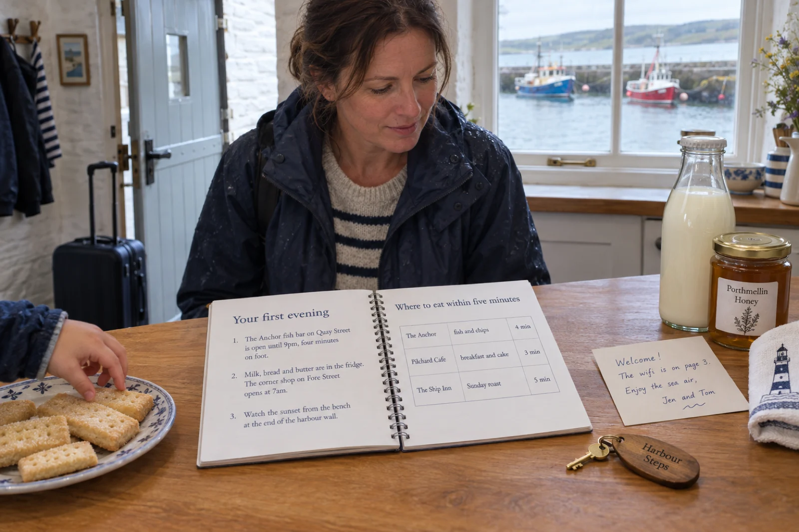 A woman in a damp navy rain jacket, just arrived at a stone harbour cottage, reads a spiral-bound guidebook open on the kitchen counter at Your first evening, listing the fish bar on Quay Street open until 9pm, milk in the fridge and the sunset bench on the harbour wall, and Where to eat within five minutes, a table of The Anchor, Pilchard Cafe and The Ship Inn with walking times, beside a key on a Harbour Steps fob, a handwritten card reading The wifi is on page 3, a bottle of milk and a jar of Porthmellin Honey, with fishing boats in the window