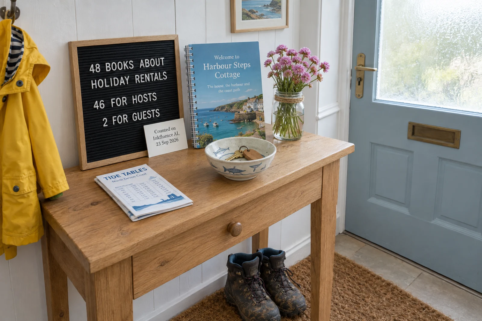 A hallway console table inside the front door of a seaside cottage with a black felt letter board reading 48 books about holiday rentals, 46 for hosts, 2 for guests, a card reading Counted on Inkfluence AI, 23 Sep 2026, a spiral-bound book titled Welcome to Harbour Steps Cottage, a bowl with a key on a wooden fob, a jar of pink sea thrift, a folded tide table, muddy walking boots on the doormat and a child's yellow raincoat on a hook