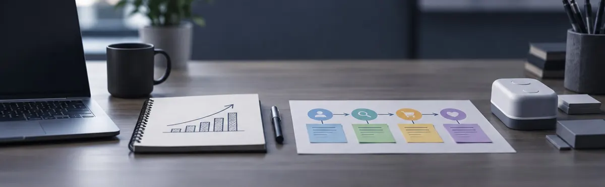 A wide desk with a laptop, a mug, a notebook sketched with a rising bar chart and arrow, a pen, and a sheet showing a four-step customer journey of person, search, cart and heart icons above coloured cards, with a small white device and a pen pot at the far end