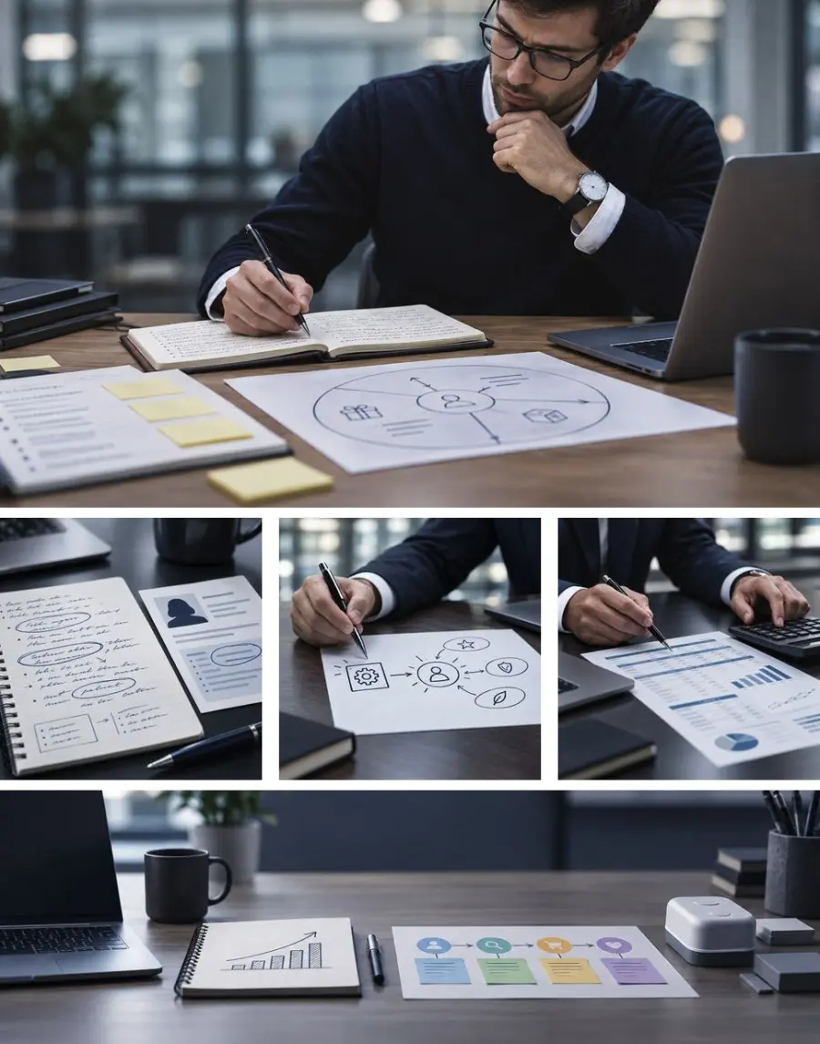 A complete A+ pack laid out on one sheet: a header photo of a man in glasses writing in a notebook beside a hand-drawn value proposition map, sticky notes and a laptop, the three square images of interview notes, a feature-to-benefit sketch and a worksheet beside a calculator, and the banner of the desk with a growth sketch and a customer journey sheet