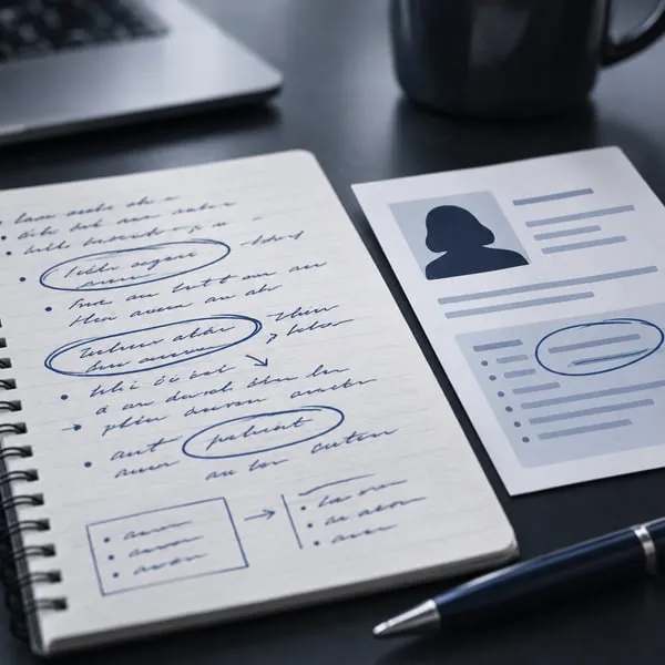 A spiral notebook of handwritten interview notes with several phrases circled in blue ink lies beside a customer persona card with a silhouette and a circled section, with a pen, a laptop and a mug on a dark desk