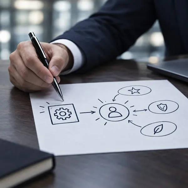 A hand in a suit sleeve sketches a diagram on white paper: a box with a gear, an arrow to a person icon, and lines out to circles holding a star, a shield and a leaf