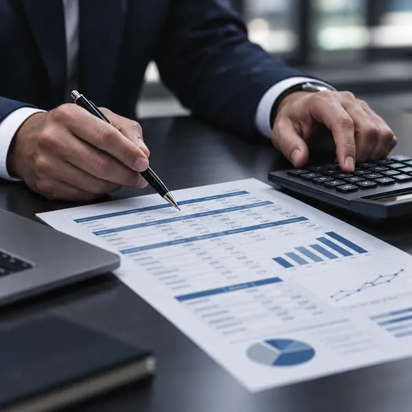 One hand holds a pen over a printed worksheet of tables, bar charts and a pie chart while the other taps a calculator on a dark desk