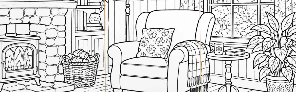 Uncoloured line-art pages laid side by side showing a cottage sitting room with a wood stove, a log basket, an armchair with a floral cushion, a side table with a mug and a large potted plant.
