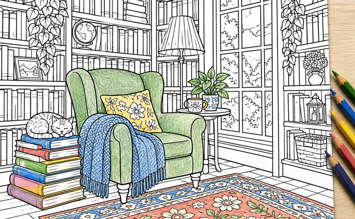 A line-art coloring page of a bookshop reading corner, partly coloured in with pencils: a green armchair, a blue throw, a yellow cushion, a cat asleep on a stack of books and a patterned rug, with five pencils beside the page.