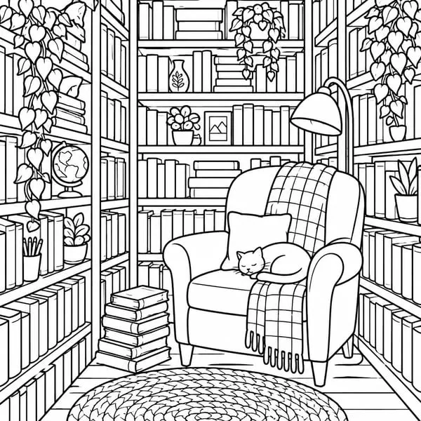 An uncoloured line-art page of a narrow bookshop nook with shelves on three sides, a lamp, an armchair with a cat asleep on it, books stacked on the floor and a round rug.