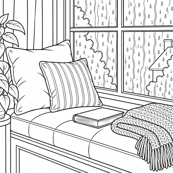 An uncoloured line-art page of a cushioned window seat with a closed book and a knitted throw, raindrops running down the window panes.