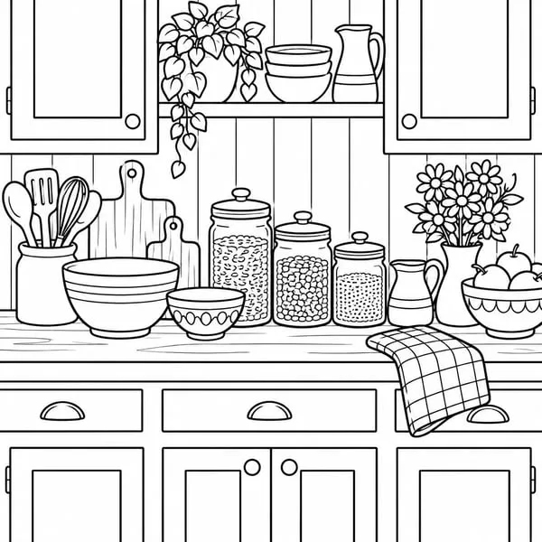 An uncoloured line-art page of a cottage kitchen counter with storage jars, mixing bowls, utensils in a crock, a vase of daisies and a checked tea towel.