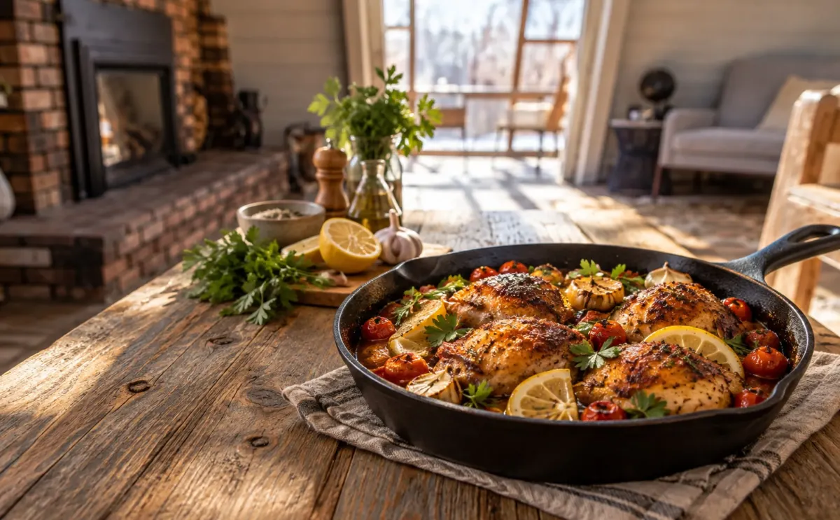 A+ header image for the cookbook One-Pan Mediterranean Dinners: golden chicken thighs with lemon slices, roasted garlic, cherry tomatoes and parsley in a cast-iron skillet on a rustic wooden table, with no words in the image.