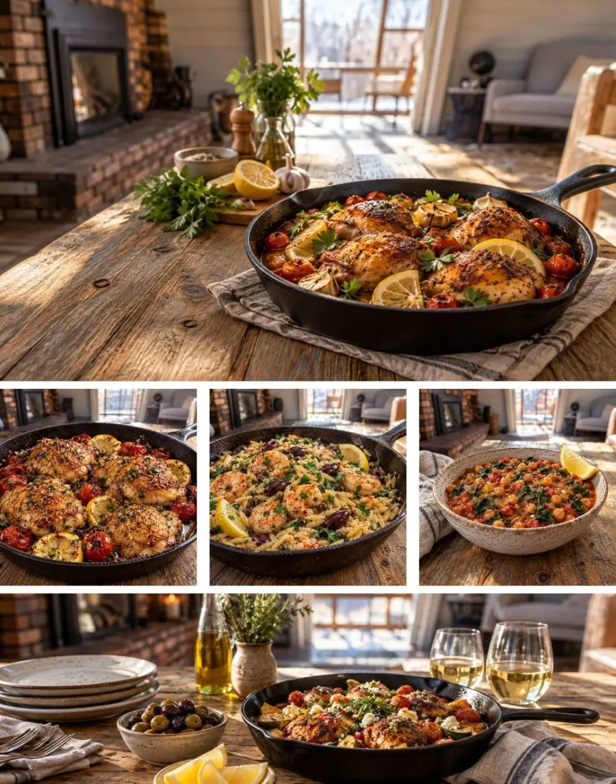 The complete A+ pack for One-Pan Mediterranean Dinners laid out on one sheet: the wide header of the lemon chicken skillet, three squares of lemon herb chicken, shrimp and orzo, and chickpea and spinach stew, and the wide banner of a skillet dinner on a table set with plates, olives, lemon wedges and white wine, all in the same warm kitchen light.