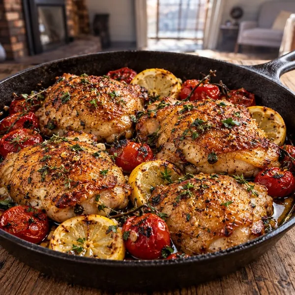 Square A+ image from One-Pan Mediterranean Dinners: golden chicken thighs with lemon and tomatoes in a skillet.