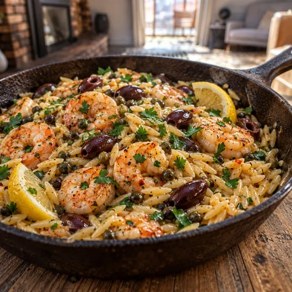 Square A+ image from One-Pan Mediterranean Dinners: shrimp and orzo with lemon, olives and parsley in a cast-iron skillet.