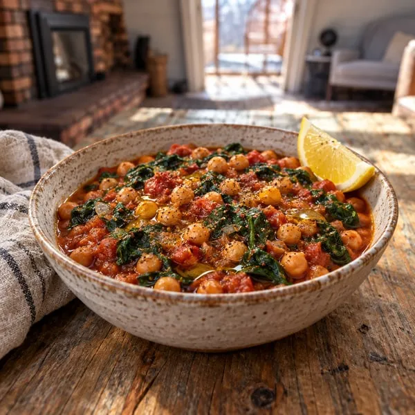 Square A+ image from One-Pan Mediterranean Dinners: a speckled bowl of chickpea and spinach stew with a lemon wedge and olive oil.