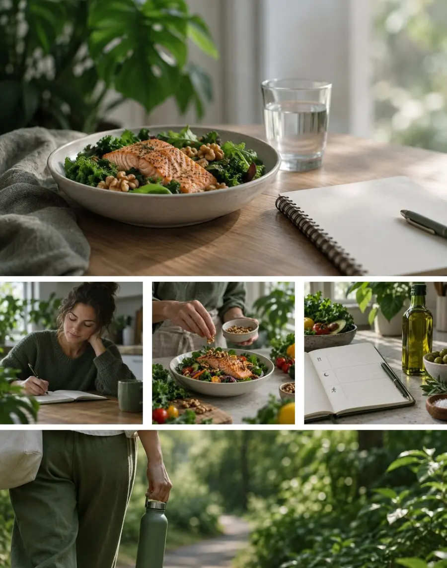 The full A+ pack for The Anti-Inflammatory Diet Guide: a header image of a bowl of salmon, leafy greens and walnuts beside a glass of water and a blank spiral notebook on a wooden table, three squares of a woman writing in a journal at a kitchen table, hands scattering walnuts over a salmon salad, and an open tracking notebook beside a bottle of olive oil, and a wide banner of a person carrying a water bottle along a green, leafy path.