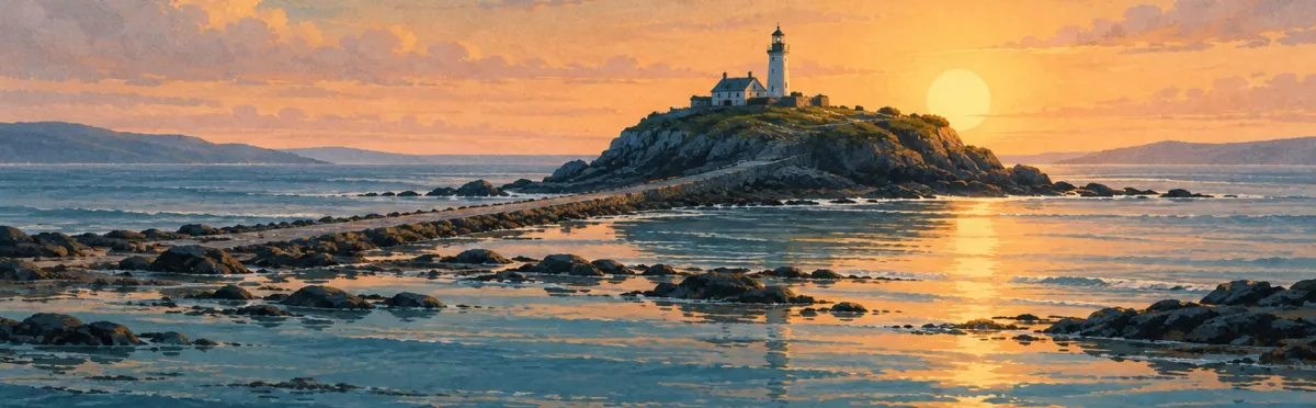 A lighthouse overlooks a narrow causeway exposed at low tide.