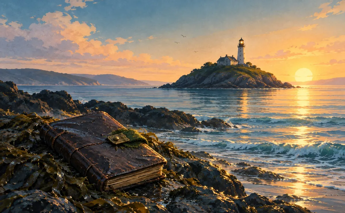 A waterlogged leather diary caught among rocks below a lighthouse.