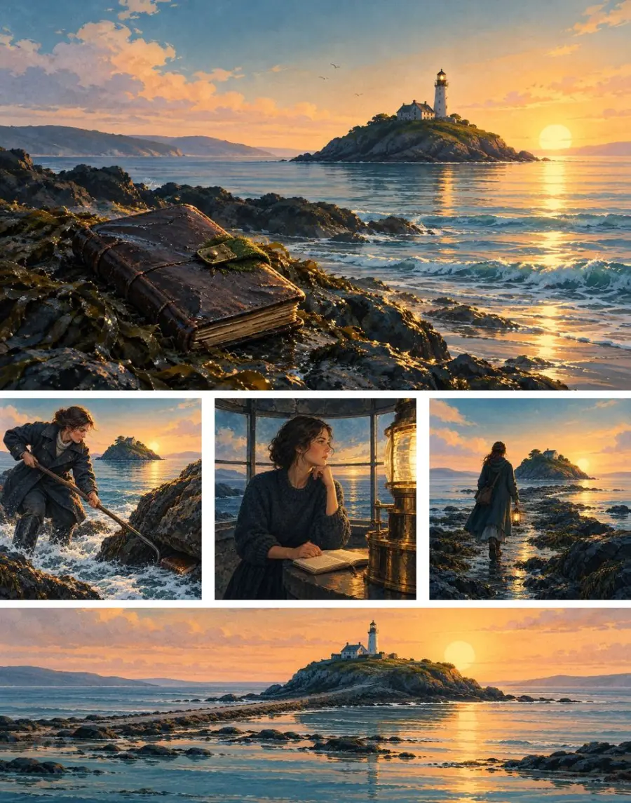 The full A+ Content pack Inkfluence AI made for the literary mystery The Island Before: a wide header image of a waterlogged leather diary on wet rocks with a lighthouse island in the sunset behind it, three square images of the keeper Elowen reaching into the surf with a boat hook, sitting by the lamp in the lantern room with the diary open, and walking the causeway with a lantern, and a wide banner of the lighthouse island above a causeway at low tide, laid out in the order the modules appear on Amazon.