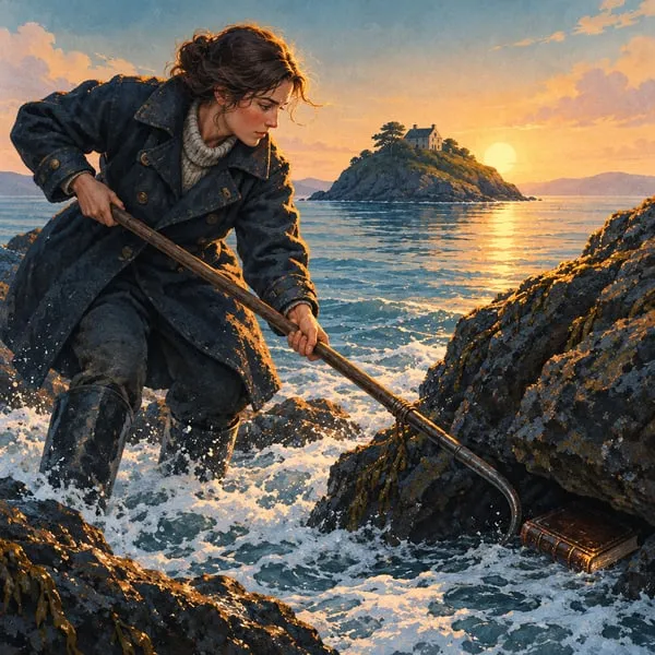 Elowen reaches for a leather book among rocks as the tide rises.