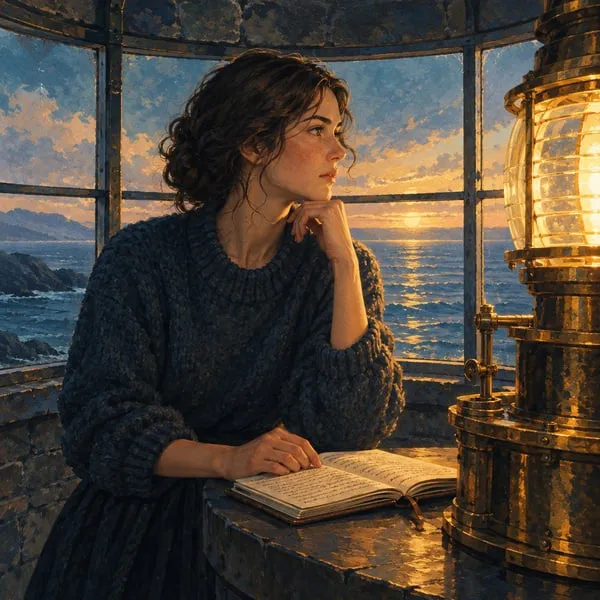 Elowen stands beside an open diary in the lighthouse lantern room.