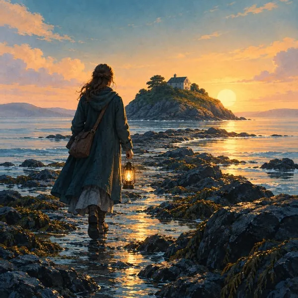 Elowen carries a lamp toward the exposed causeway at dawn.