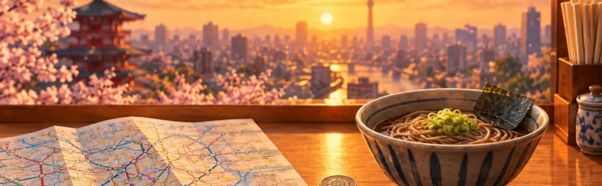 A paper train map, a coin and a bowl of soba with spring onion and nori on a wooden counter, with cherry blossom, a pagoda and the city skyline through the window.