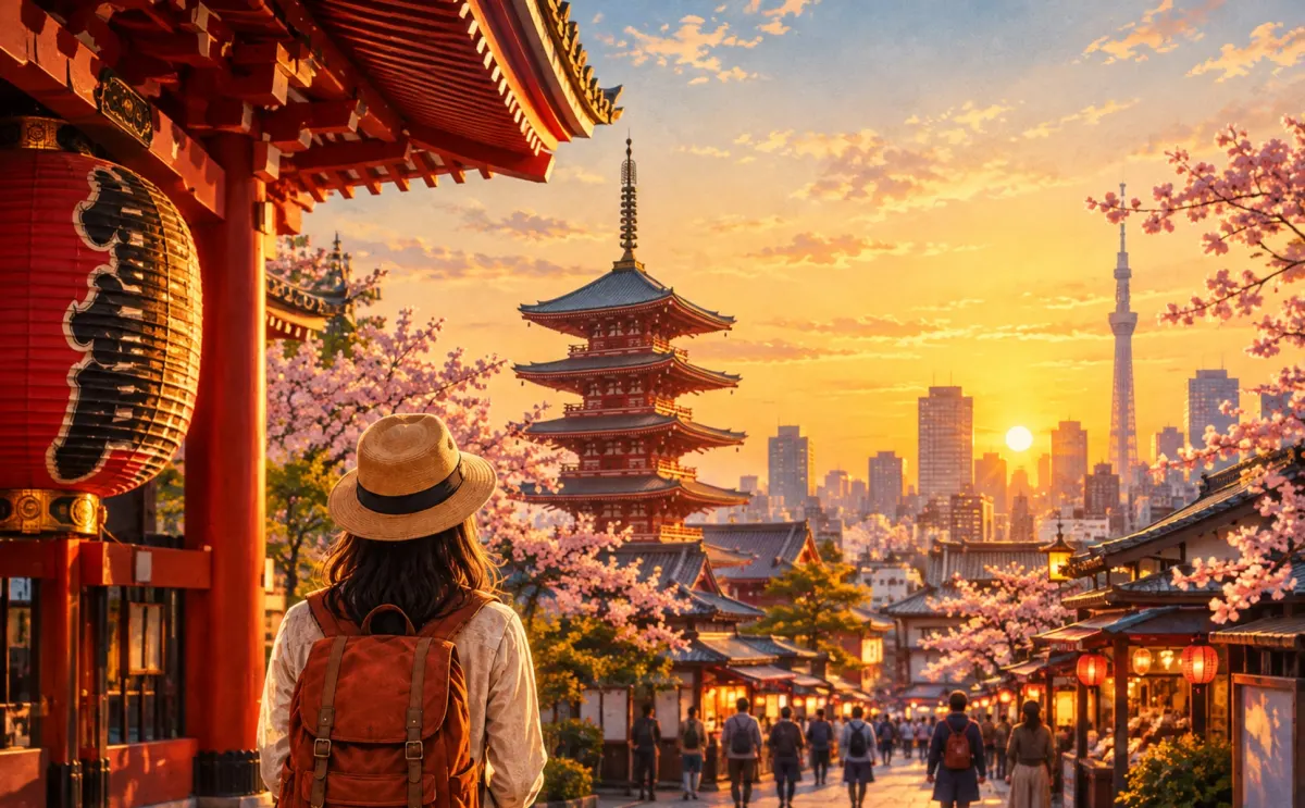 A traveller in a straw hat and rust-coloured backpack looks past a large red temple lantern toward a pagoda, cherry blossom and a lantern-lit street, with the Tokyo skyline and a tall tower at sunset.