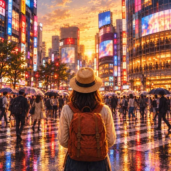 The same traveller stands at a wet Shibuya crossing at dusk, neon screens and umbrellas reflected in the pavement.