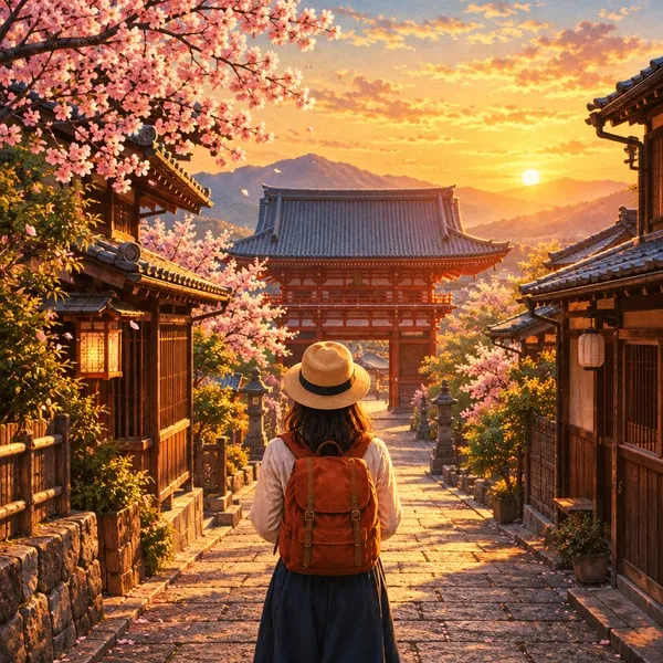 The traveller walks a stone-paved Kyoto lane between wooden houses and cherry blossom toward a temple gate, with hills and a setting sun behind.