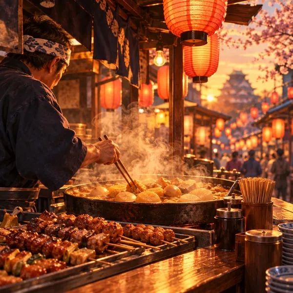 A cook stirs a steaming pan at an Osaka street stall, skewers grilling on the counter, red paper lanterns overhead and a castle in the distance.