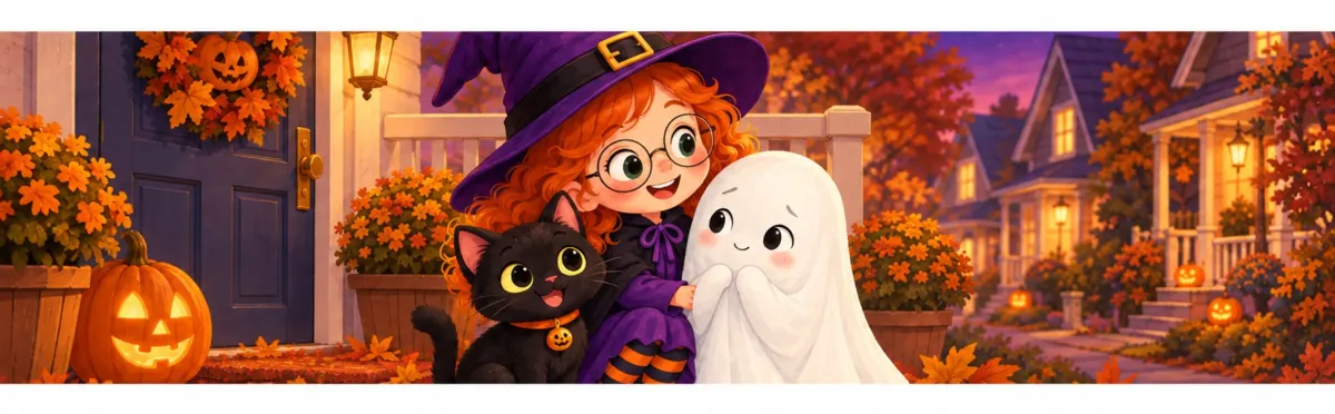 Mia hugs Pepper the cat and the tiny ghost on a porch decorated with pumpkins and autumn leaves.