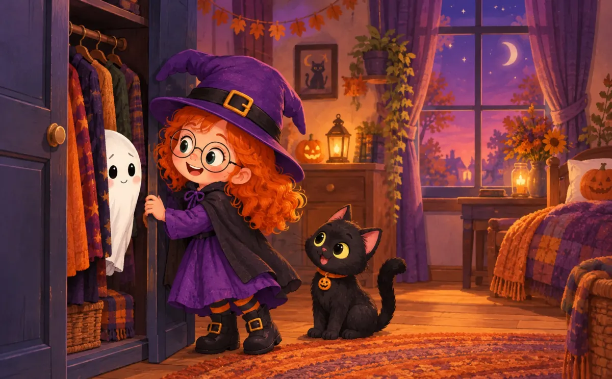 Mia, a red-haired girl in a purple witch hat and round glasses, opens a closet where a tiny ghost peeks out while Pepper the black cat watches.