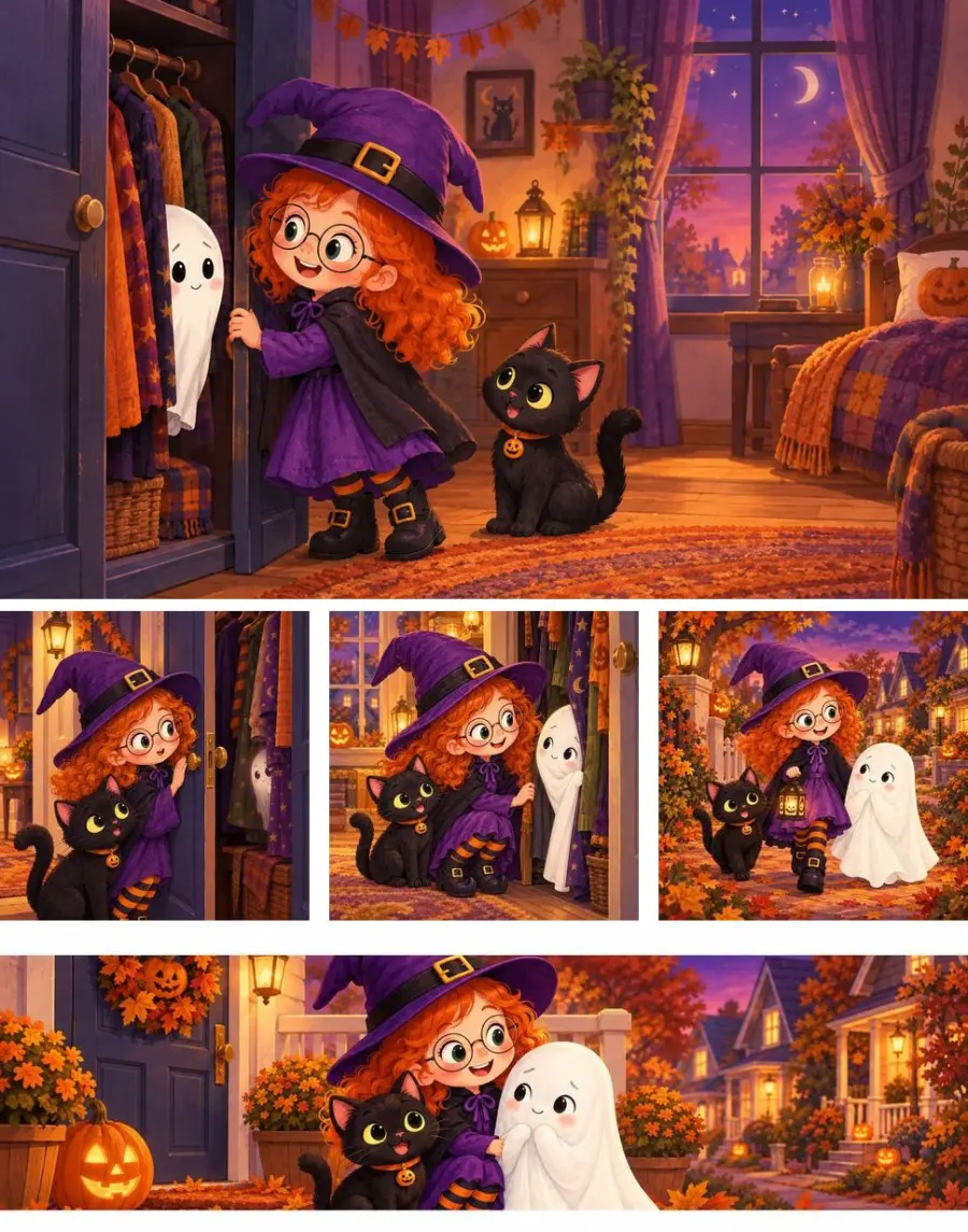 The full A+ pack for the picture book Mia And The Shy Ghost: a header image of Mia in a purple witch hat opening a bedroom closet as a tiny ghost peeks out from the clothes and Pepper the black cat watches, three squares of Mia and Pepper at the closet door, Mia greeting the ghost, and the three walking an autumn street with a lantern, and a wide banner of all three on a porch with pumpkins, in the warm illustrated style of the book's cover.