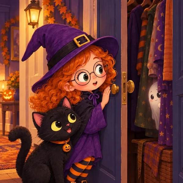 Mia and Pepper the black cat listen beside a closet door, a hint of the tiny ghost among the hanging clothes.