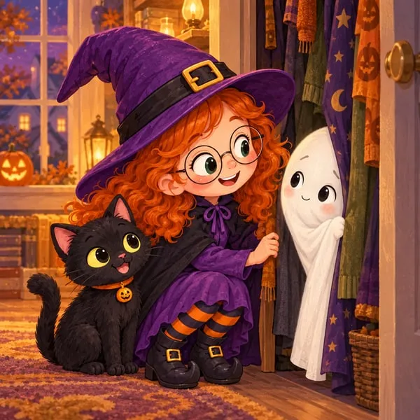 Mia crouches at the open closet with Pepper and smiles at the tiny ghost peeking out from the clothes.