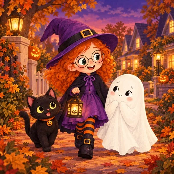 Mia, Pepper and the tiny ghost walk together along a leafy Halloween street, Mia carrying a small lantern.