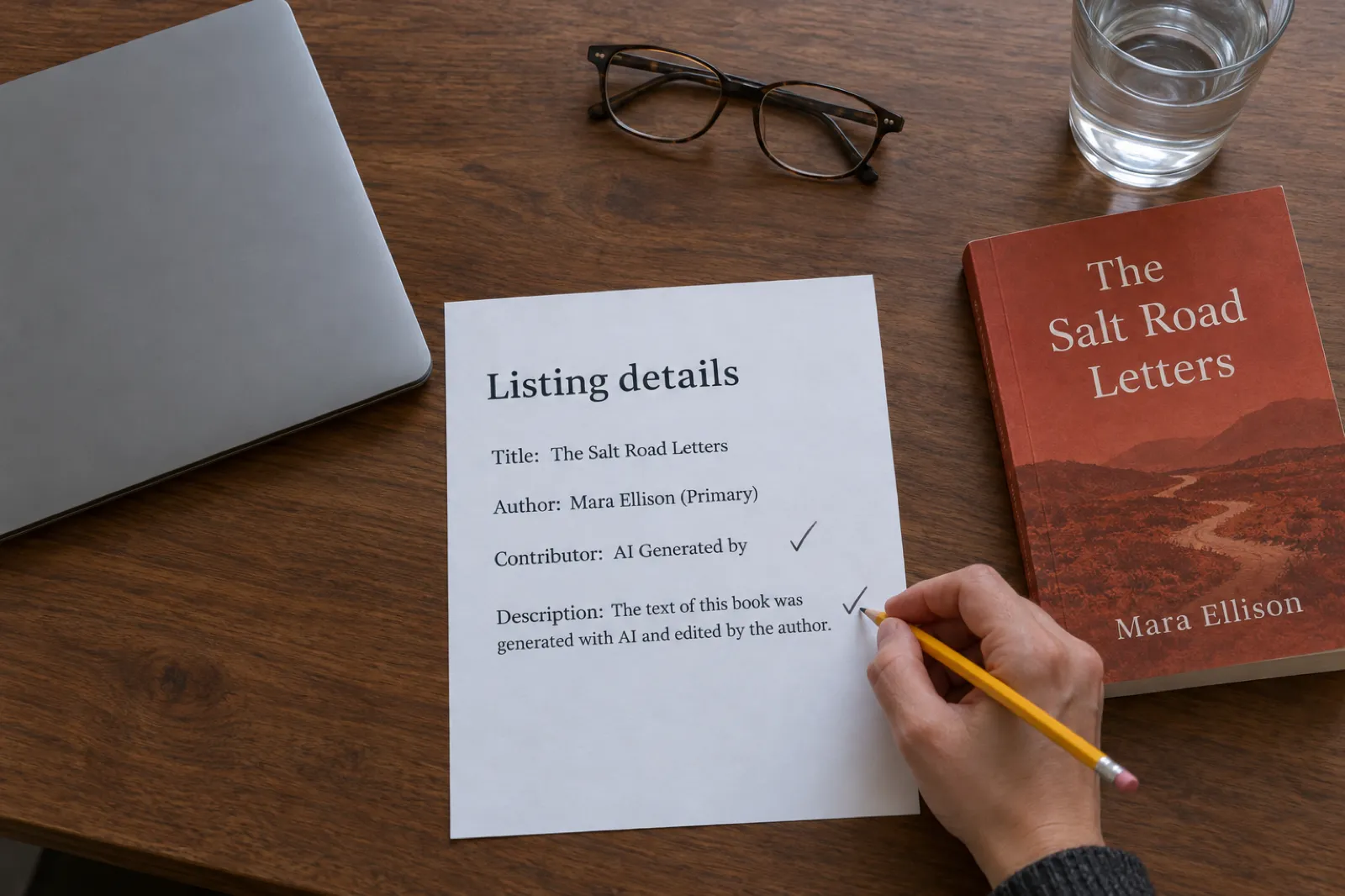 A printed Listing details sheet on a walnut desk for The Salt Road Letters by Mara Ellison, with a pencil tick beside the lines Contributor: AI Generated by, and Description: The text of this book was generated with AI and edited by the author