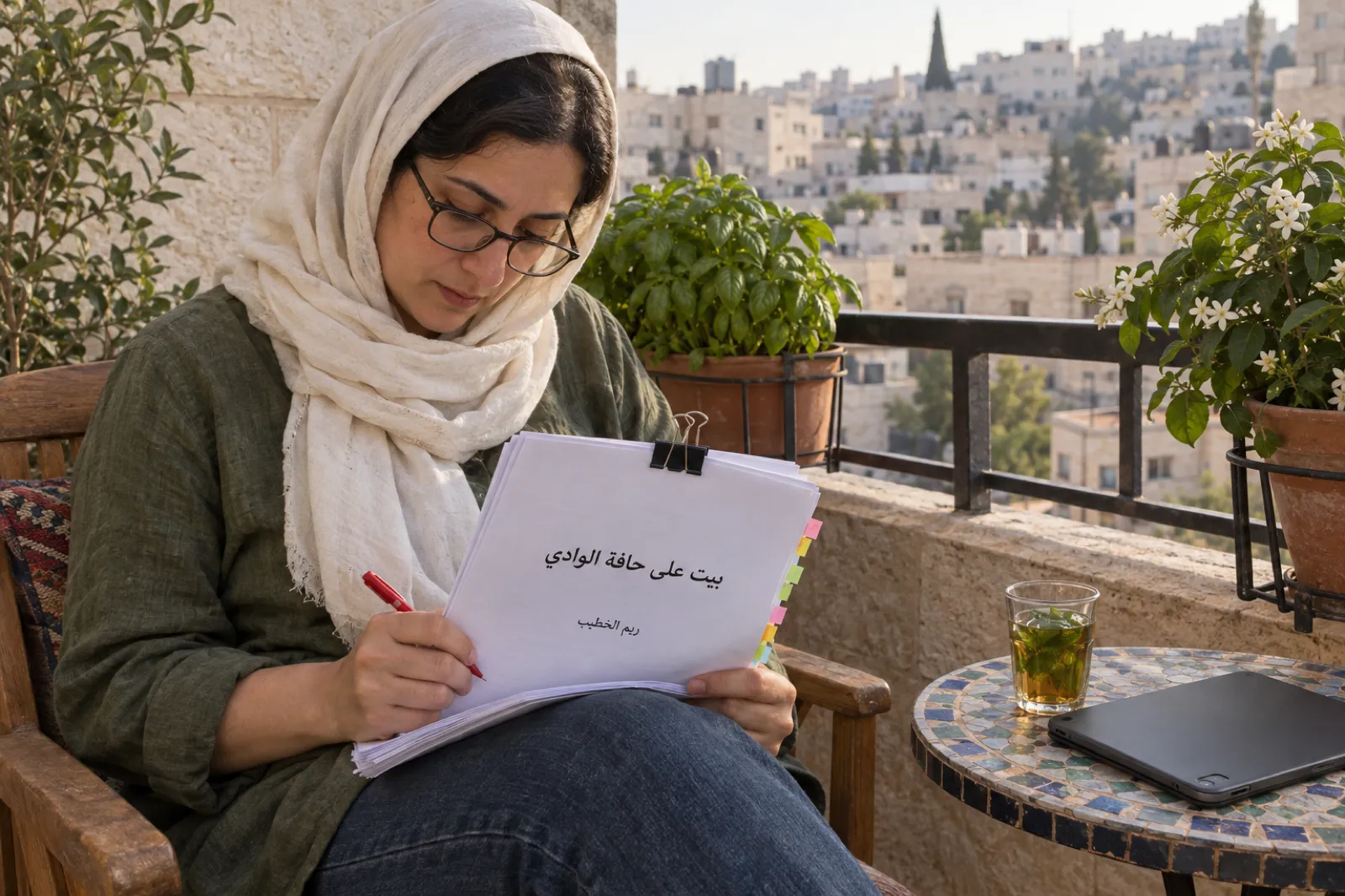 كاتبة بغطاء رأس كريمي ونظارة تجلس على شرفة في عمّان عند العصر، تراجع بقلم أحمر مخطوطة مطبوعة مثبتة بمشبك أسود، عنوانها بيت على حافة الوادي واسم الكاتبة ريم الخطيب، وعلى أطراف الصفحات أوراق ملونة لاصقة، وبجانبها كأس شاي بالنعناع.