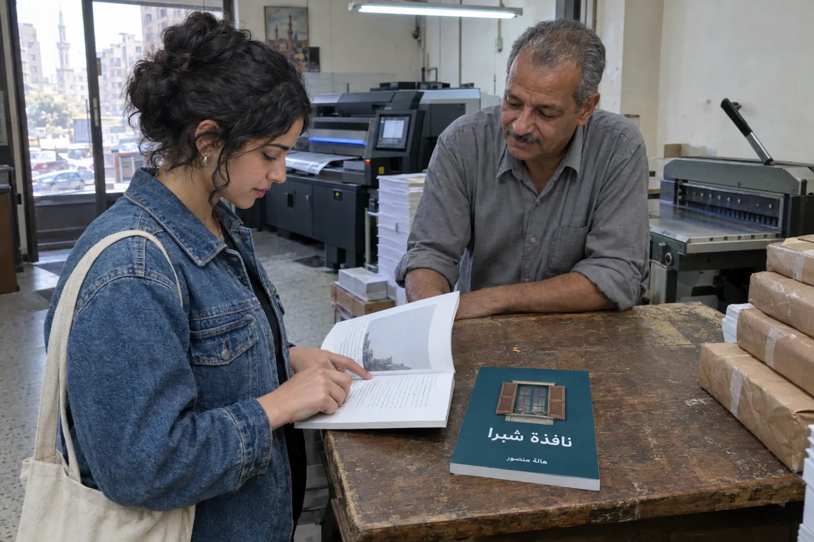 كاتبة شابة بسترة جينز في مطبعة صغيرة في وسط القاهرة تتصفح النسخة التجريبية من كتابها عند طاولة خشبية، وصاحب المطبعة يراقبها، وعلى الطاولة نسخة مغلقة بغلاف أخضر مزرق عنوانها نافذة شبرا واسم الكاتبة هالة منصور، وخلفهما آلة طباعة رقمية ورزم ورق.