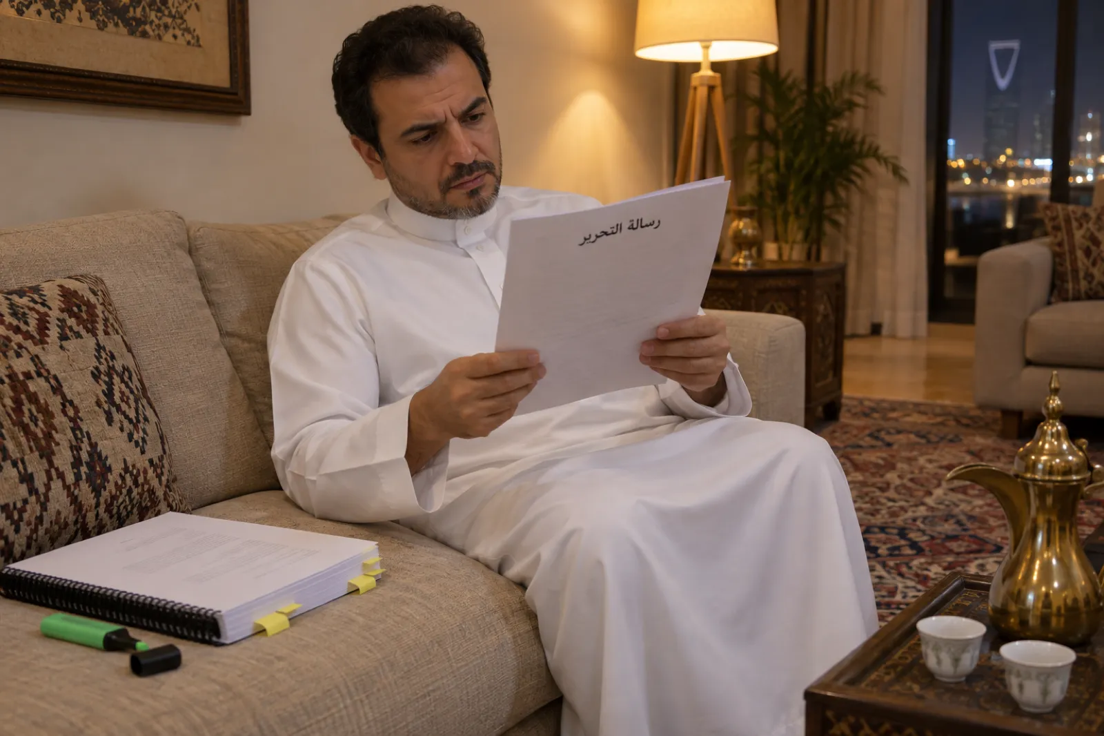 رجل في الأربعين بثوب أبيض يجلس على أريكة بيج في غرفة جلوس في الرياض مساءً، يقرأ صفحة مطبوعة واحدة عنوانها رسالة التحرير، وبجانبه مخطوطة مجلدة بلولب أسود عليها أوراق صفراء لاصقة وقلم تحديد أخضر، وأمامه دلة قهوة نحاسية وفنجانان.
